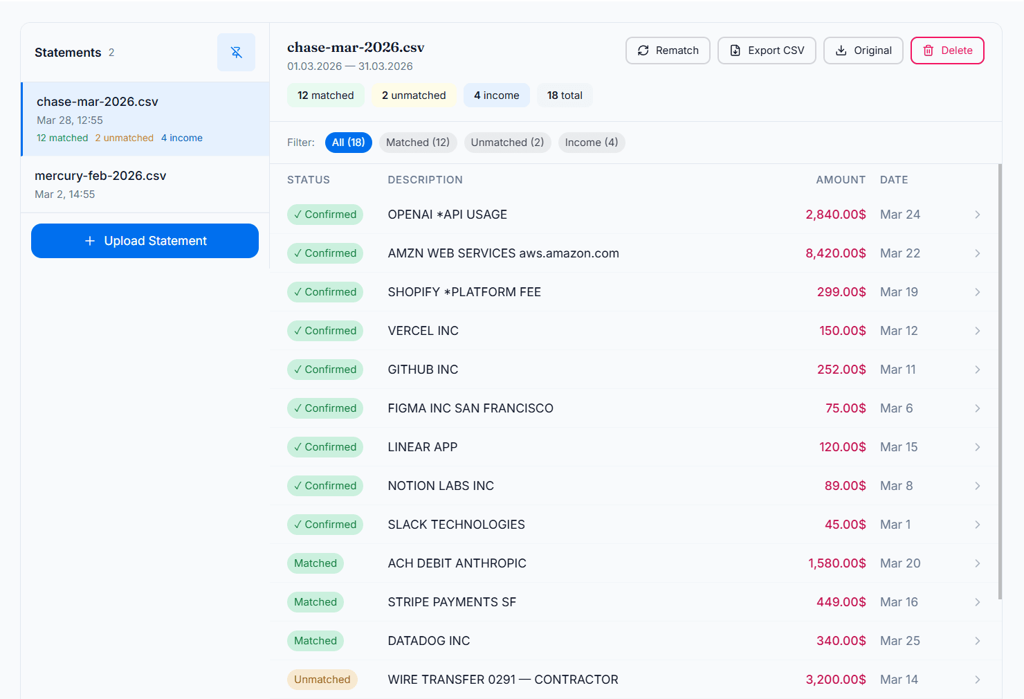 Reconciliation dashboard showing bank statement matching with confidence scores