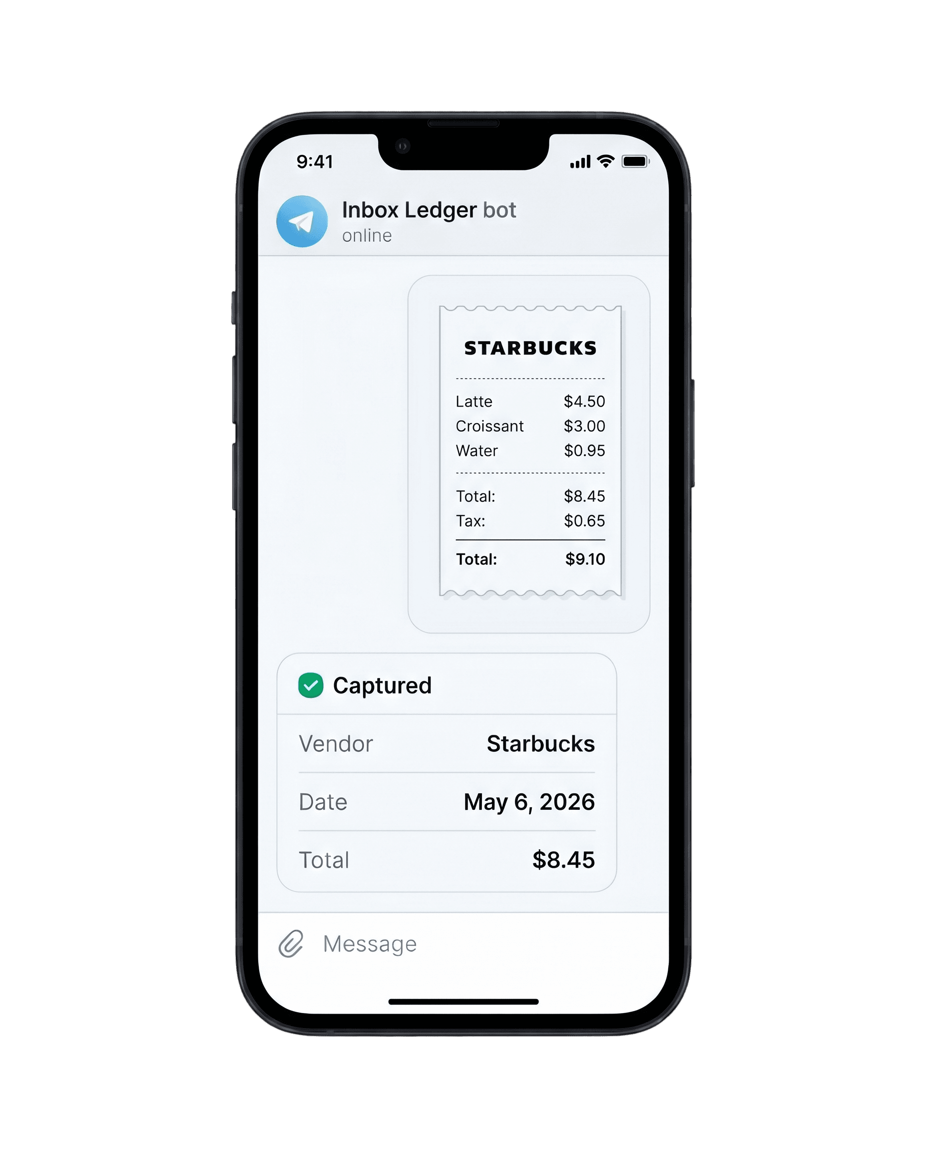 Phone screen showing a Starbucks receipt forwarded to the Inbox Ledger Telegram bot, with vendor, date, and total automatically captured
