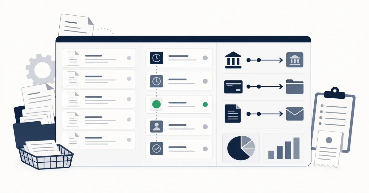 Accounts payable dashboard showing invoice queue, approval status, and payment rails side by side