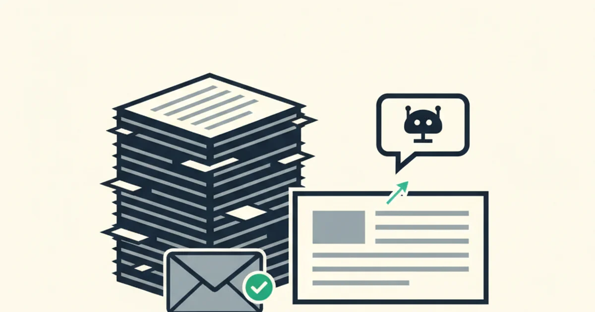 A single invoice being read by a chat assistant beside a stack of hundreds of invoices waiting in an email inbox