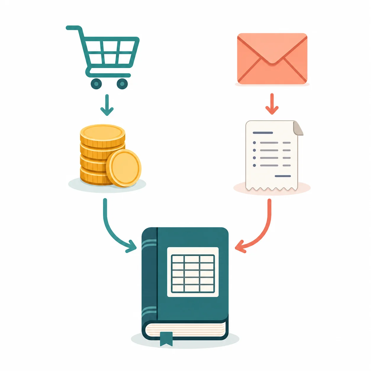 A diagram splitting the ecommerce bookkeeping stack into a sales/payout side handled by A2X or Link My Books and an expense/AP side handled by Inbox Ledger, both feeding QuickBooks or Xero