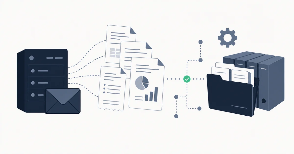 Schematic of an email server fanning invoices into a structured archive with audit trails