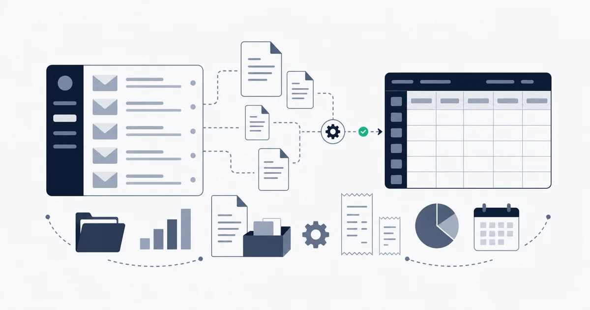 Gmail inbox showing automated invoice extraction pipeline routing PDF invoices into a structured accounting ledger