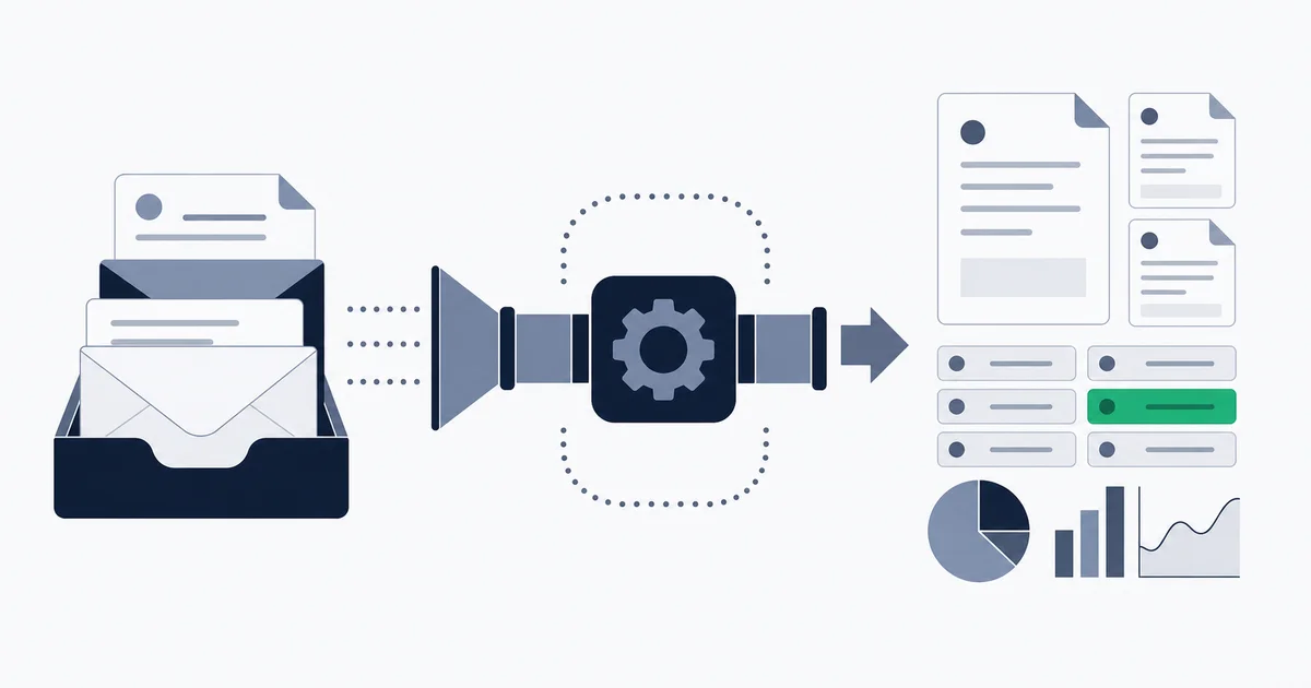 Gmail inbox feeding a parser pipeline that extracts structured invoice fields from PDFs