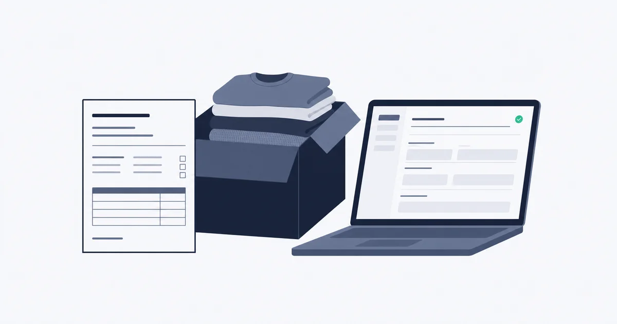 A Goodwill donation receipt next to a box of donated clothing and a laptop showing a tax form