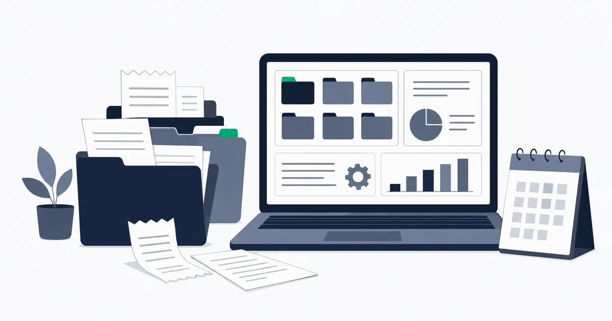 Business receipts organized into labeled folders alongside a laptop showing a structured expense archive