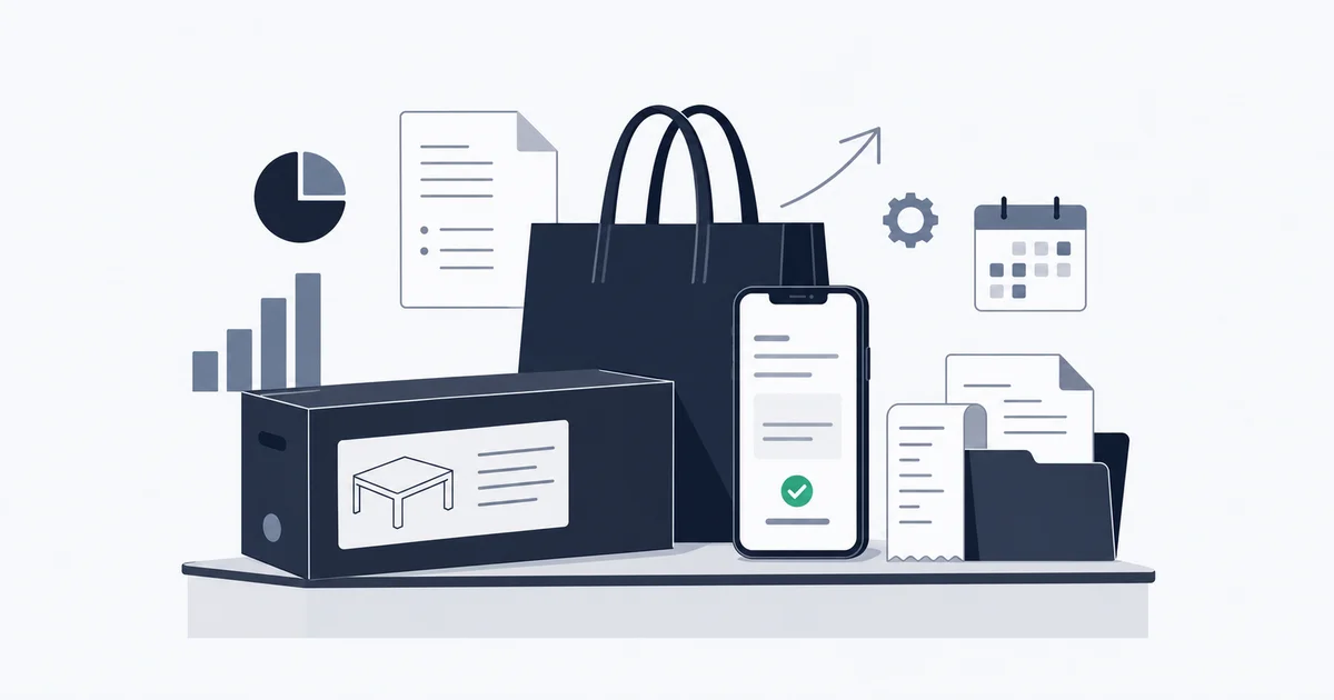 IKEA shopping bag and a flat-pack furniture box on a counter next to a phone showing an order confirmation