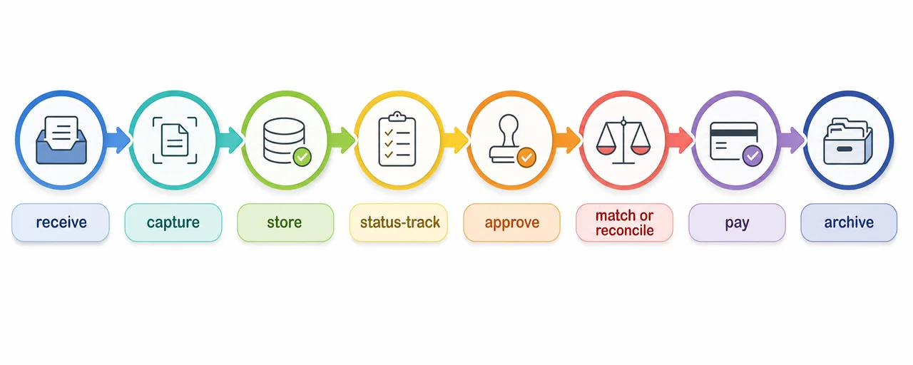 A horizontal lifecycle diagram of a received vendor invoice flowing through eight stages: receive, capture, store, status-track, approve, match or reconcile, pay, and archive
