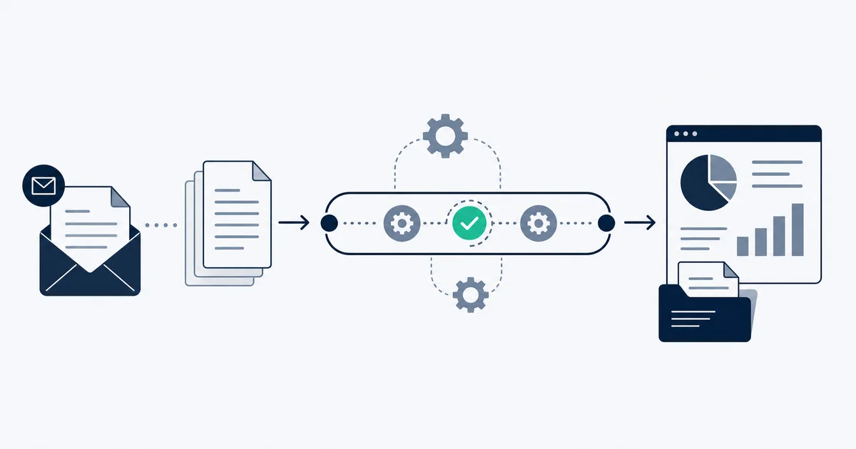 Invoice documents flowing through an automated pipeline from email ingestion to accounting system posting