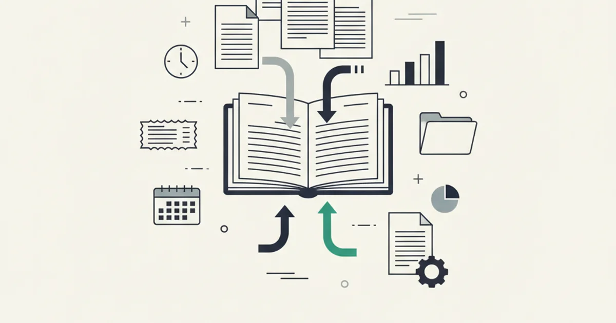 Documents from several sources flowing into one open ledger book and splitting into two separate output streams