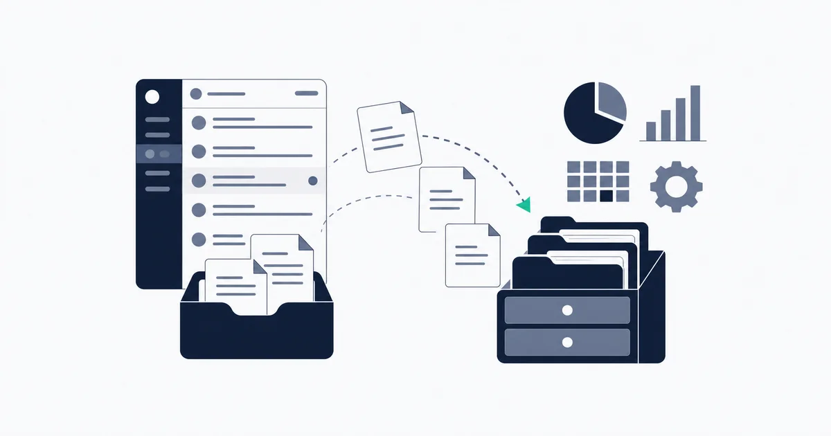 Outlook inbox with invoice PDFs being extracted and organized into a structured accounting archive