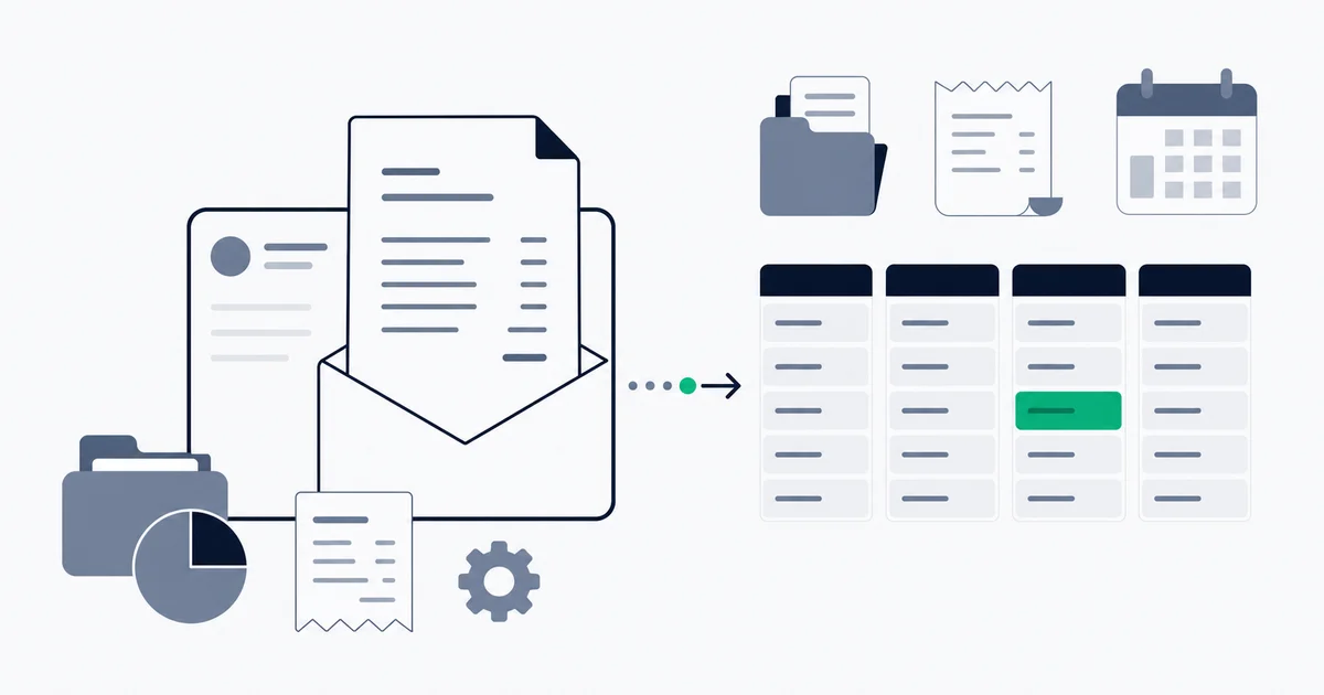 Outlook message with invoice fields being parsed into structured columns for bookkeeping