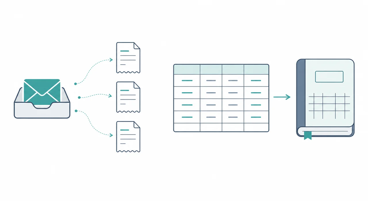 A concept diagram showing receipts arriving in an inbox, being auto-extracted into structured data, and exporting to accounting software