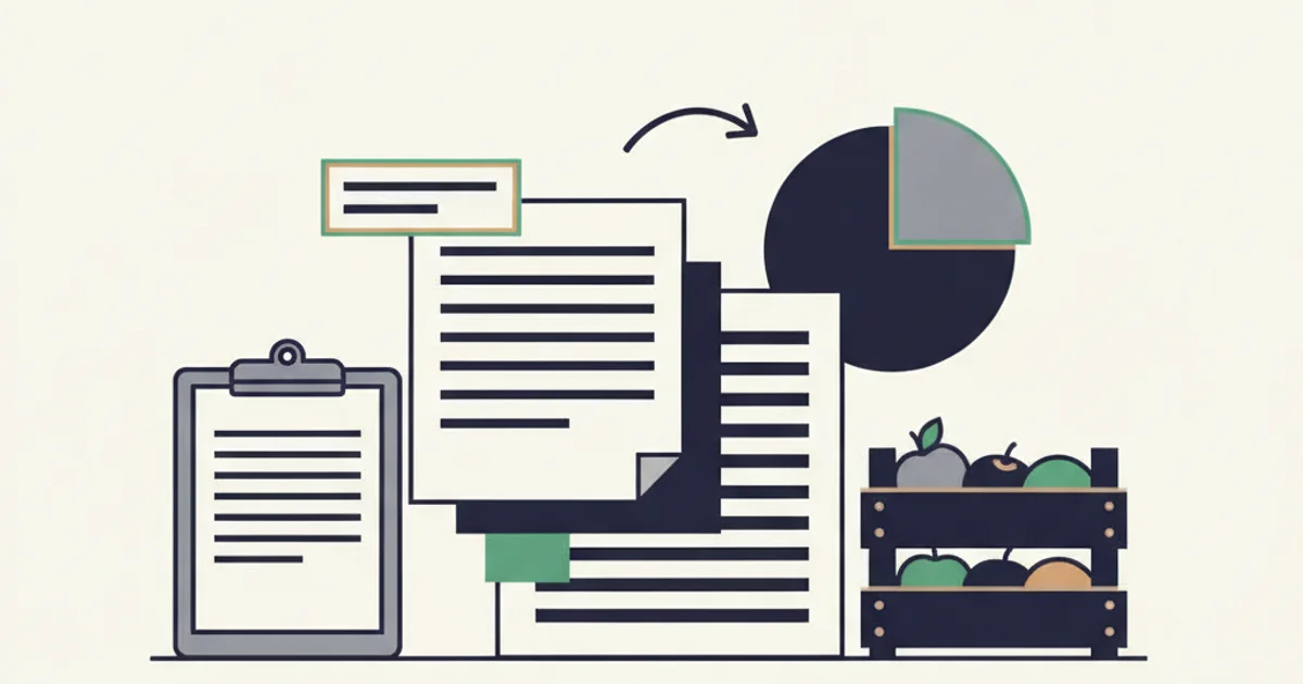 A stack of delivery paperwork on a restaurant back-office desk next to a clipboard, produce crates, and a pie chart of monthly costs