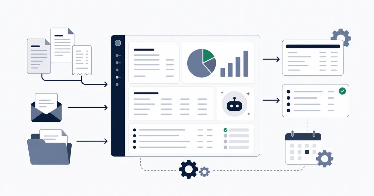 AI agent dashboard extracting invoice data and suggesting journal entries inside an accounting workflow