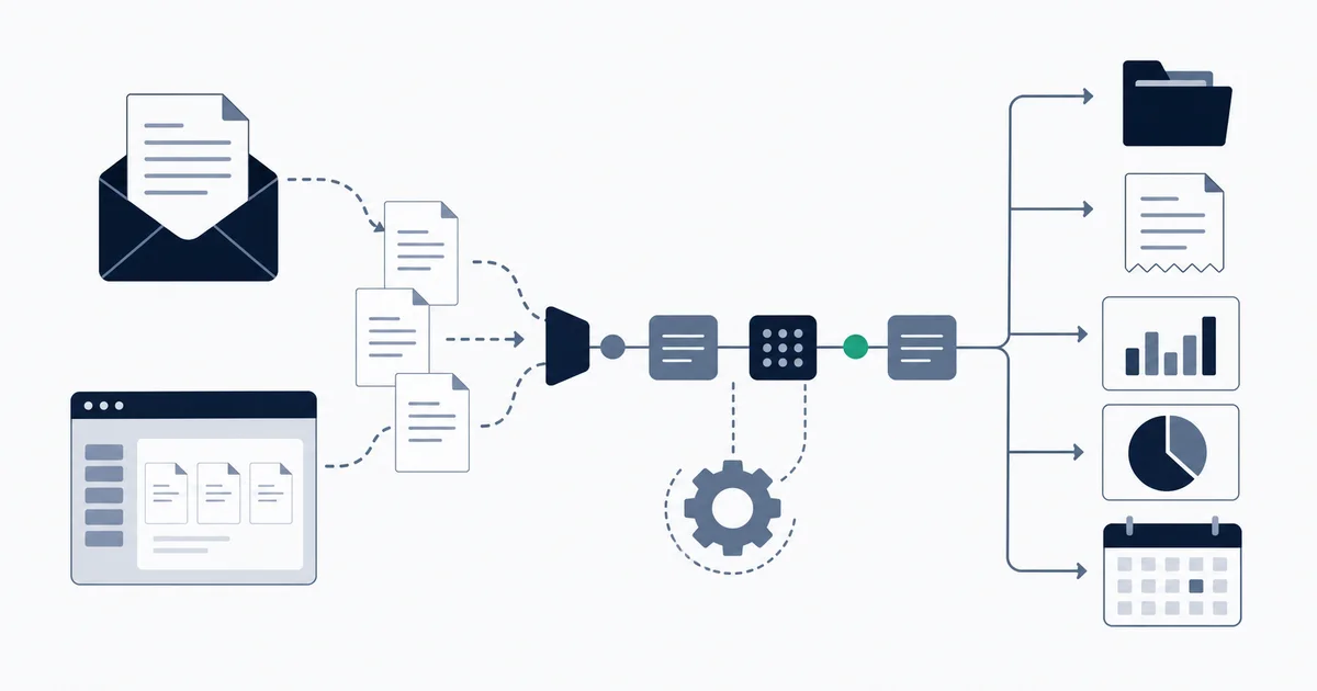 Invoice PDFs flowing from email and portal sources into a structured data pipeline