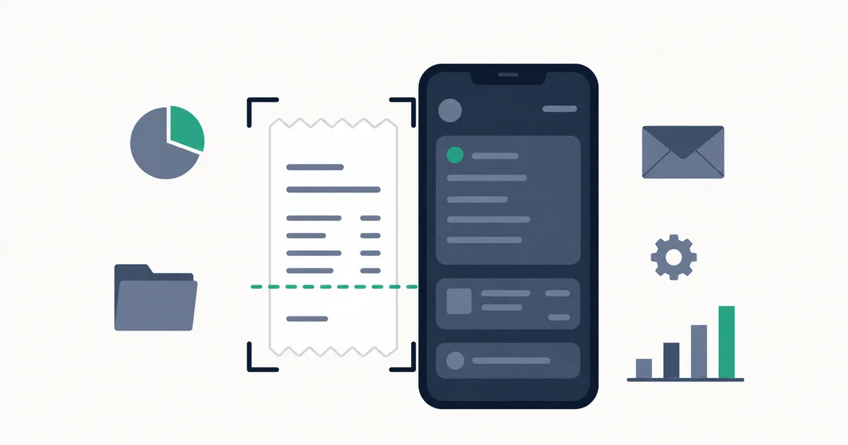 Phone scanning a paper receipt with a digital expense app open on the screen