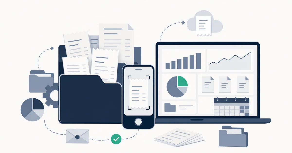Business receipts sorted across paper folder, phone camera, and laptop with expense app
