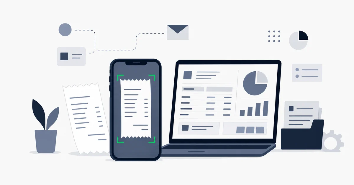 Phone scanning a paper receipt on a desk with structured data appearing on a laptop screen beside it