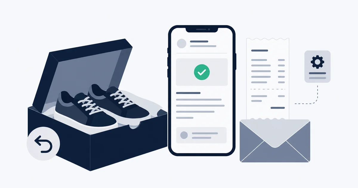 A boxed pair of shoes next to a phone showing a DSW order confirmation email and a paper receipt