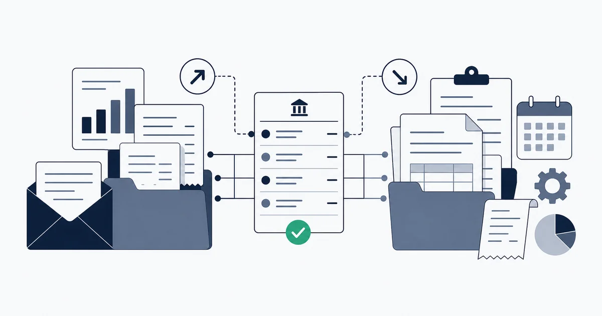 An ecommerce operator's books split into a sales/payout side and an expense/supplier side being reconciled against bank transactions