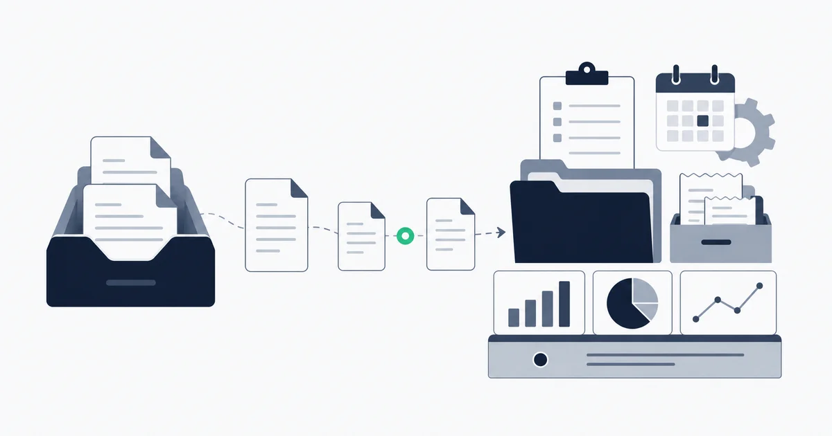 Gmail inbox with invoice PDFs being extracted into a structured accounting archive