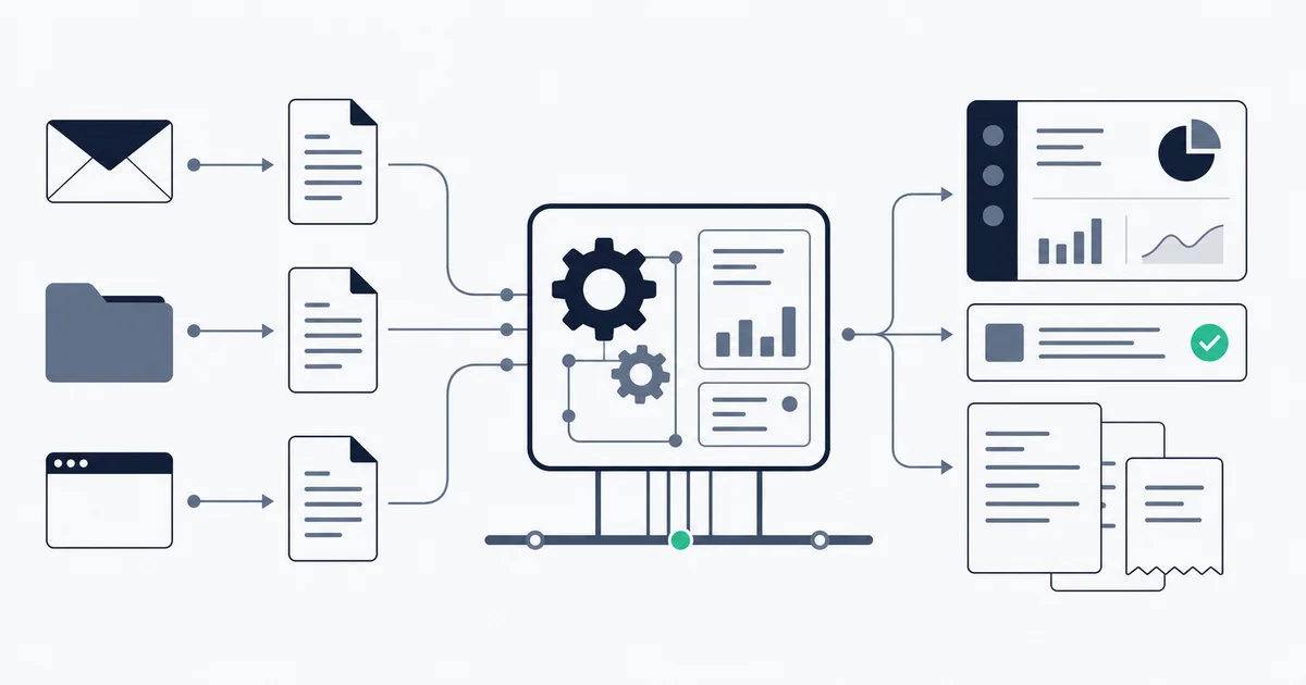Invoice PDFs flowing from email and portals into an automated processing pipeline with accounting system output