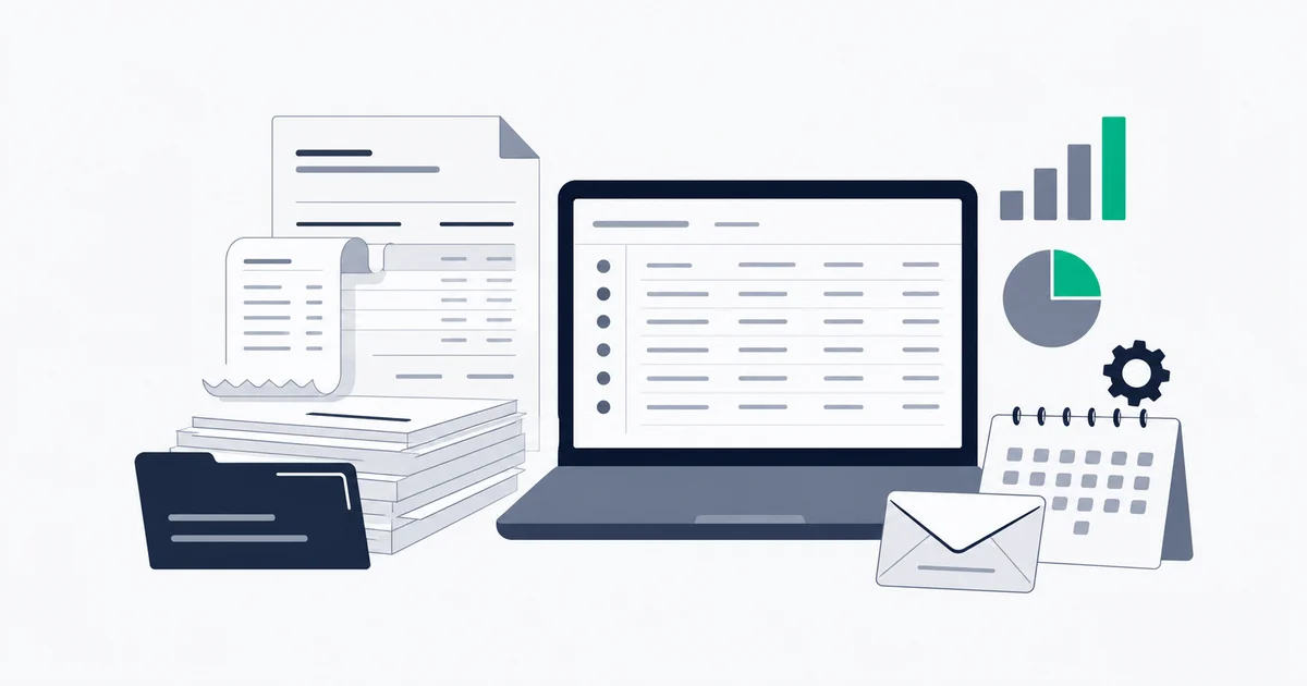Organized stack of business receipts and invoices beside a laptop showing a structured expense ledger