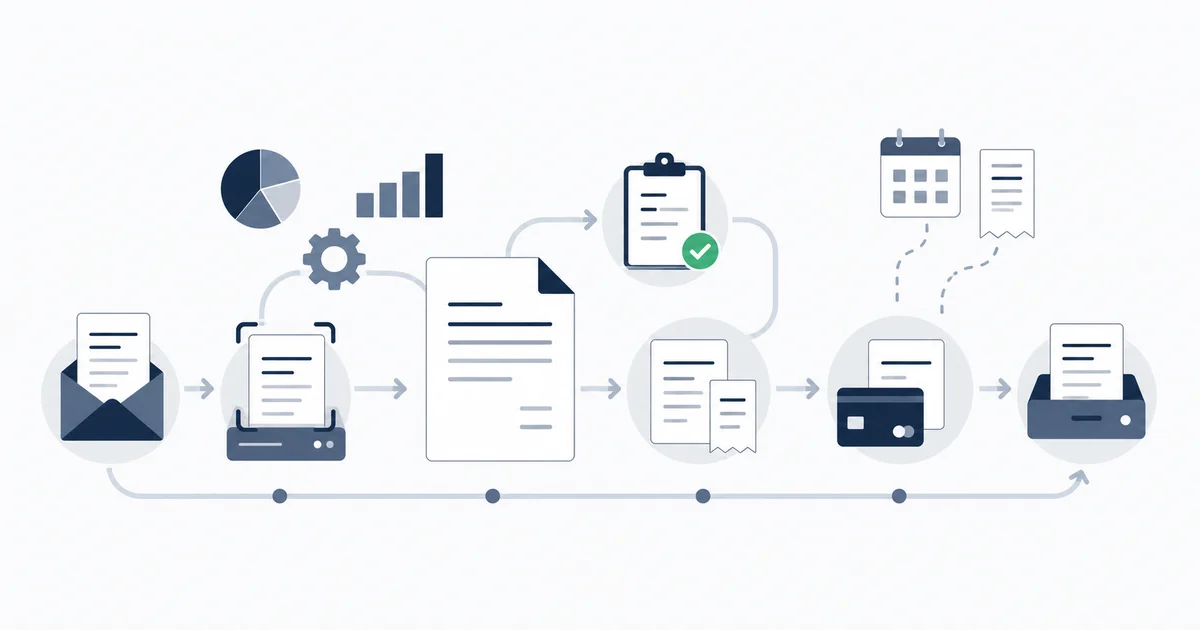 A received vendor invoice moving through capture, approval, matching, payment, and archive stages of a management system