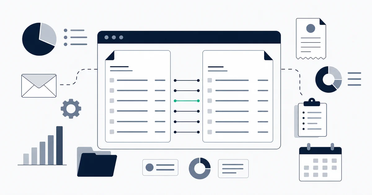 Split screen showing an invoice and a bank statement being matched line by line in reconciliation software