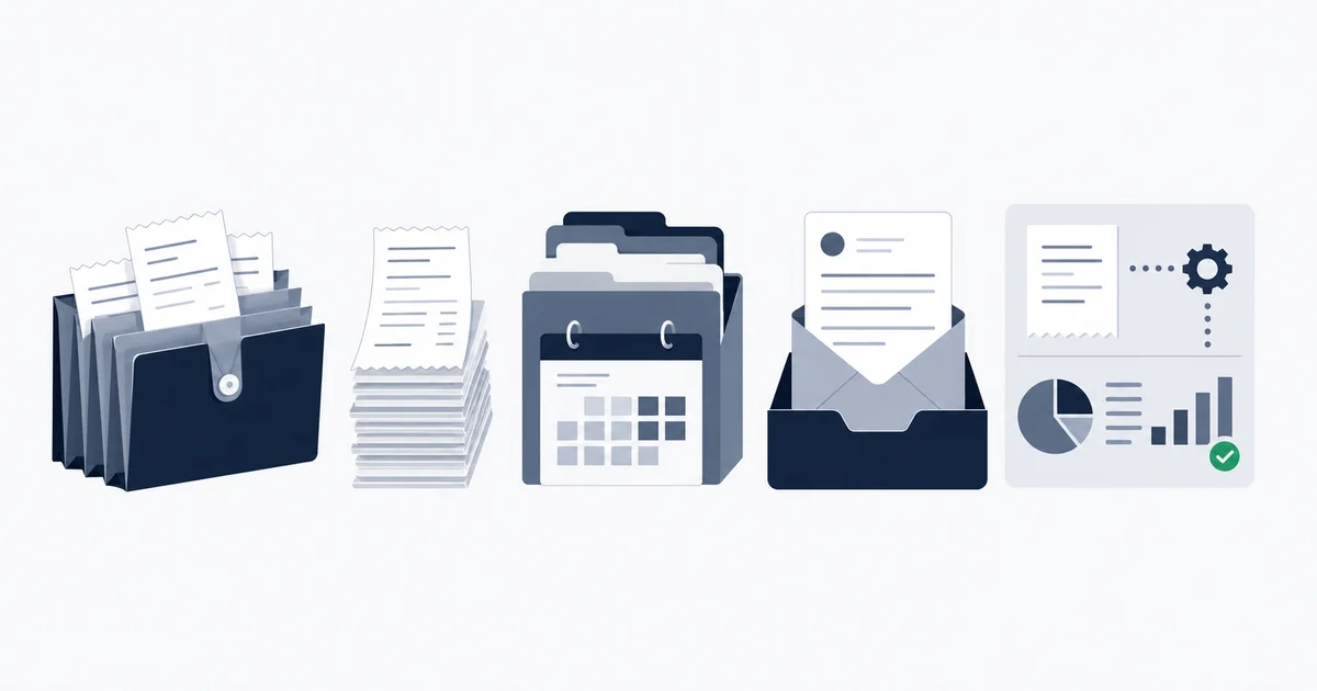 Five receipt-organizing systems side by side, from a paper accordion folder to an inbox that auto-extracts receipt data