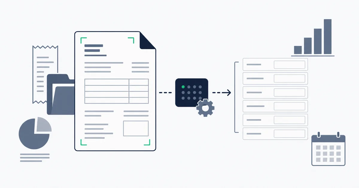Scanned invoice page being converted into structured text fields by an OCR engine